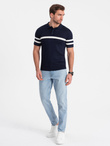 Men's soft knit polo shirt with contrasting stripes - navy blue V2 OM-POSS-0118