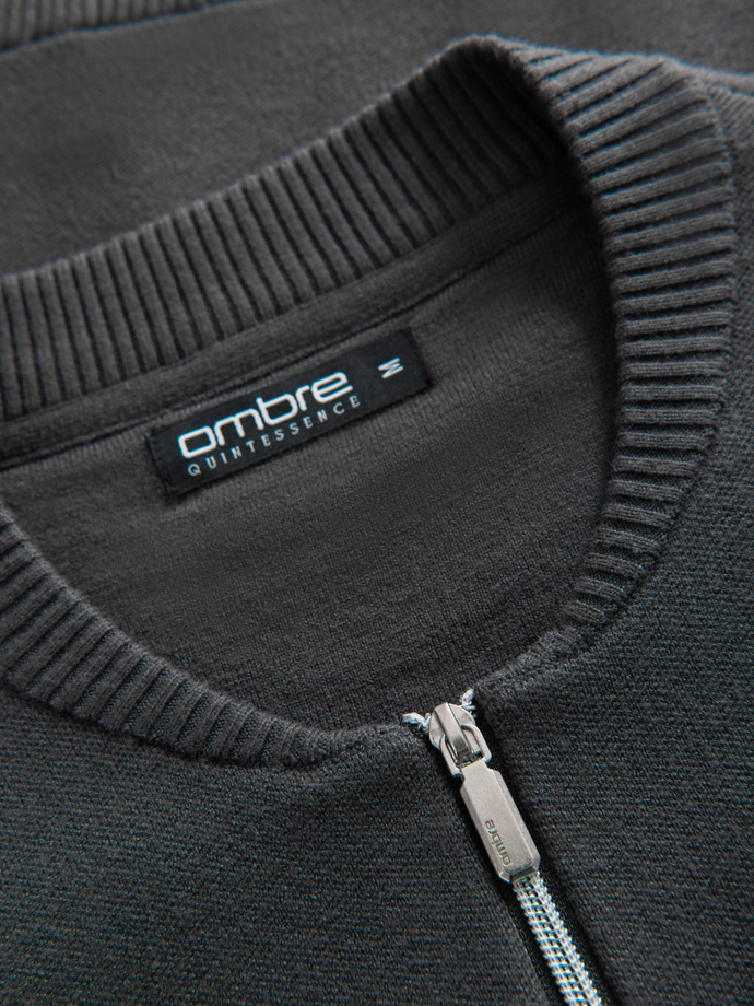 Męski sweter gładki na zamek  – grafitowy V2 OM-SWZS-0146