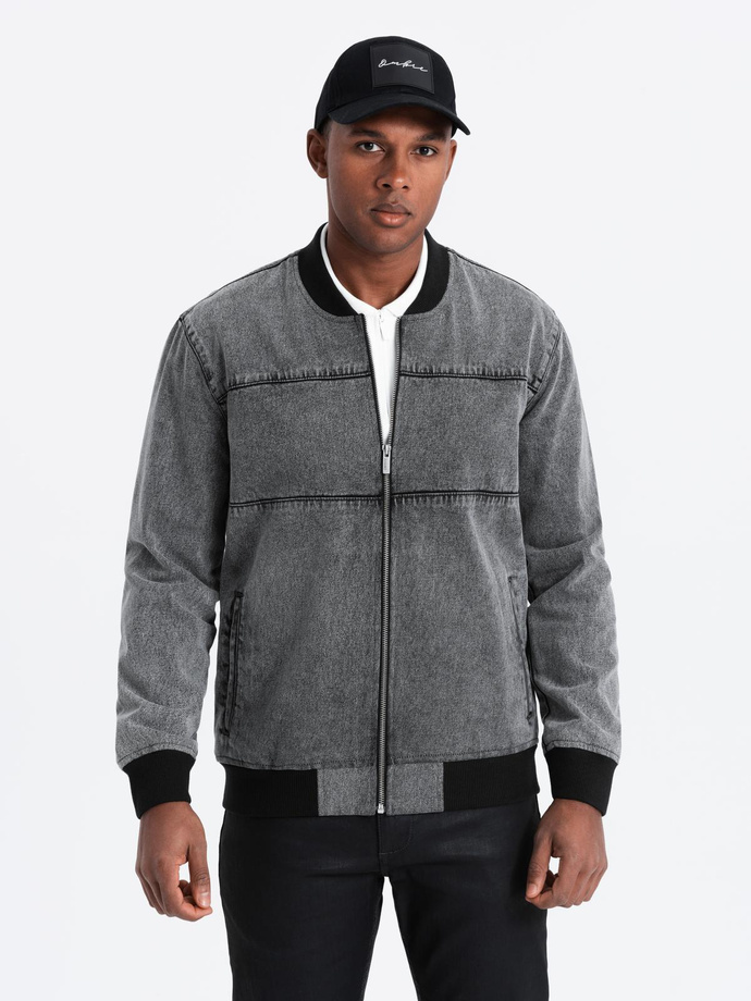 Men's denim bomber jacket with stone wash effect - grey V1 OM-JADJ-0163
