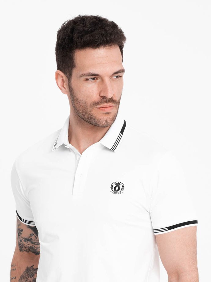 Men's elastane polo shirt with contrasting elements - white V1 OM-POSS-0123