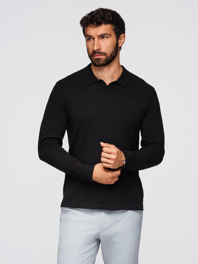 Męski sweter polo z haftem na piersi – czarny V1 OM-POLS-0140