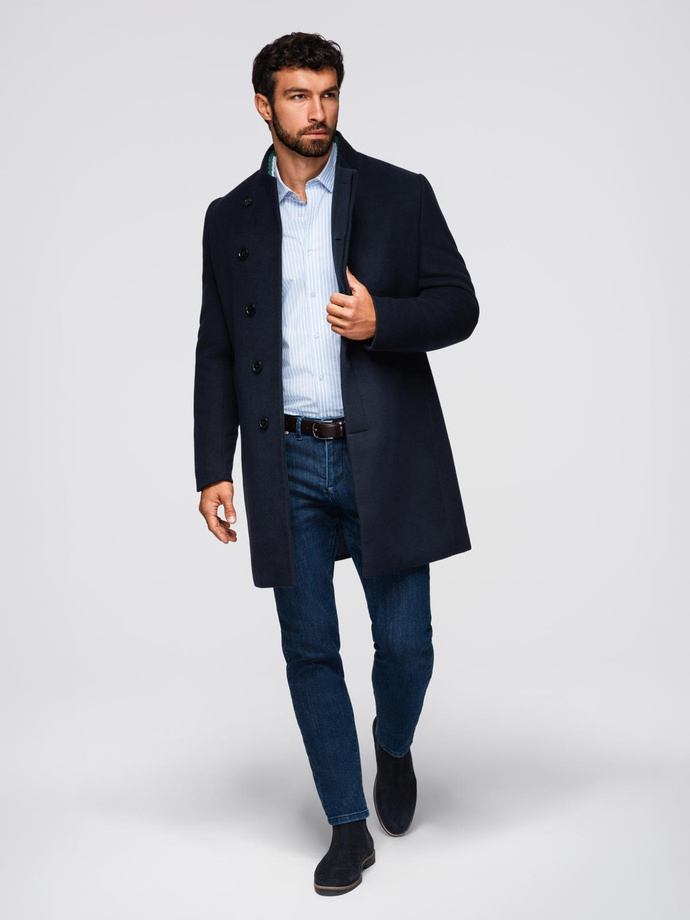 Men's coat with asymmetrical fastening and high collar - navy blue V3 OM-COWC-0141