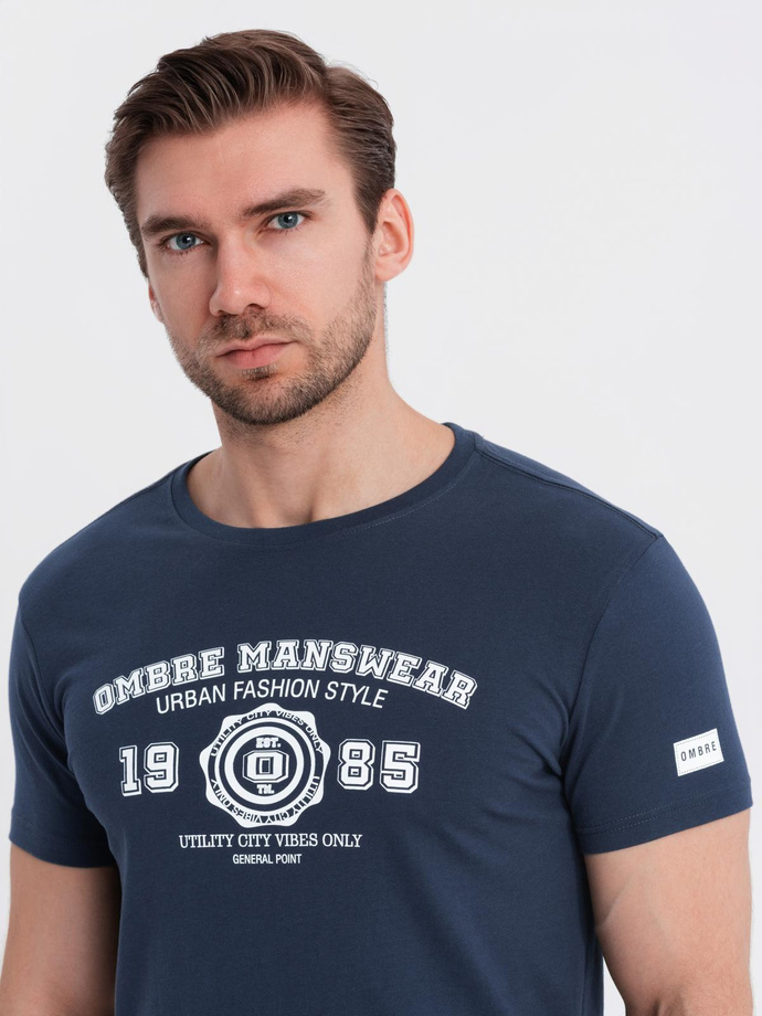 Men's cotton t-shirt with college style print - navy blue V3 OM-TSPT-0137
