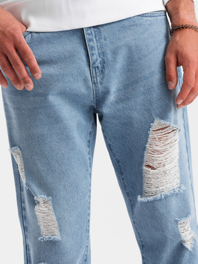 Męskie spodnie jeansowe TAPERED FIT z dziurami – jasnoniebieskie V1 OM-PADP-0175