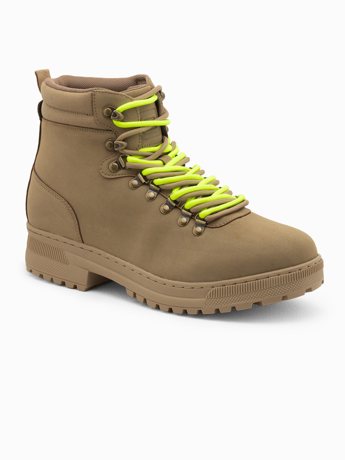 Zimowe buty męskie trekkingowe z kontrastowymi sznurówkami - brązowe V2 OM-FOBO-0132