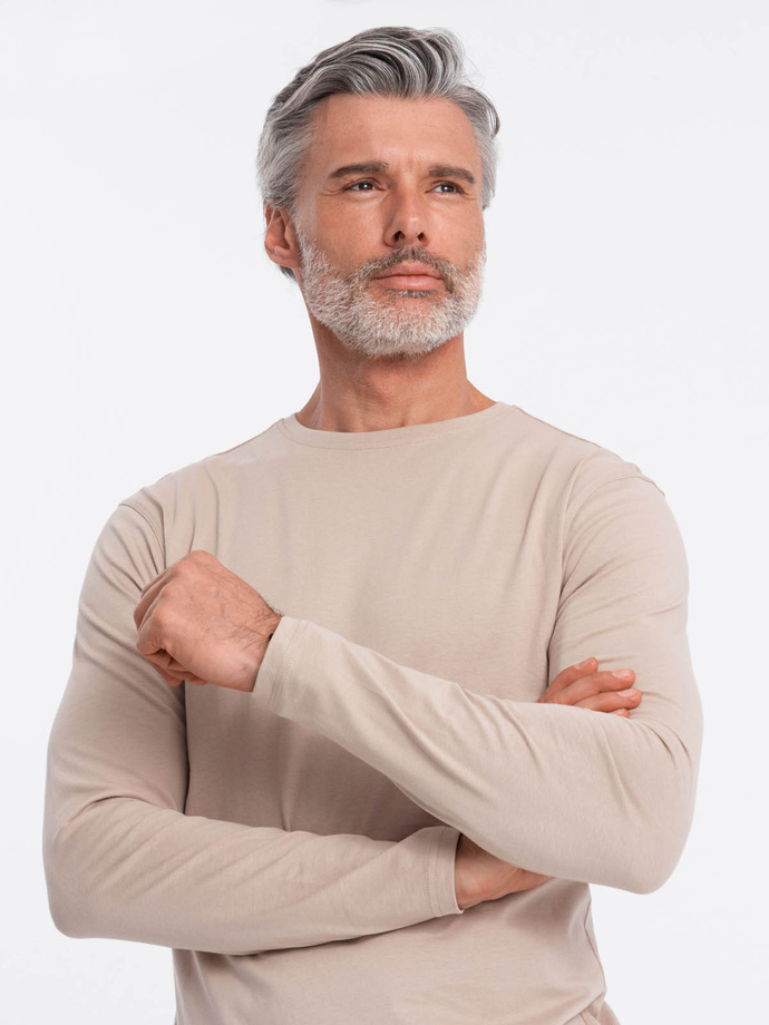 Męski longsleeve BASIC z okrągłym dekoltem - beżowy V8 OM-LSBL-0106