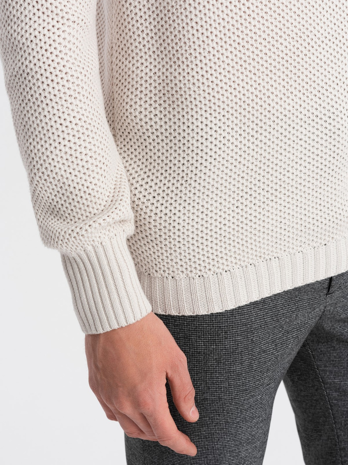 Sweter męski dzianinowy z rozpinaną stójką - kremowy V1 OM-SWZS-0105