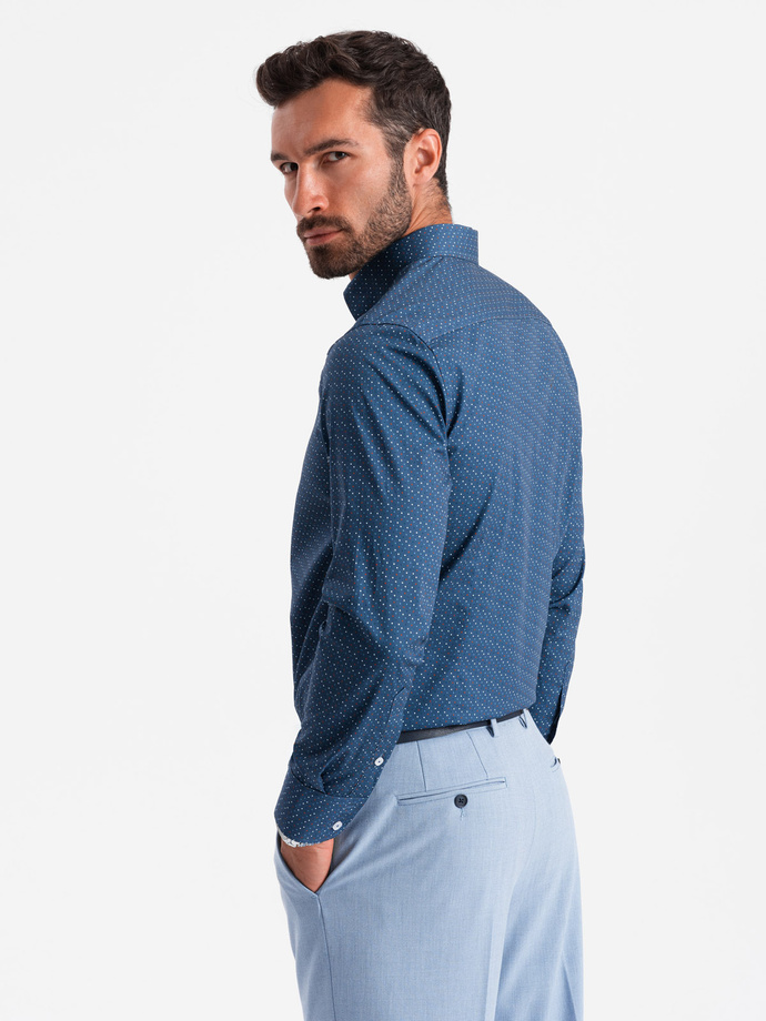 Bawełniana koszula męska we wzory SLIM FIT - niebieska V4 OM-SHCS-0151