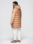 Men's long quilted jacket with large pockets - beige V2 OM-JALJ-0308