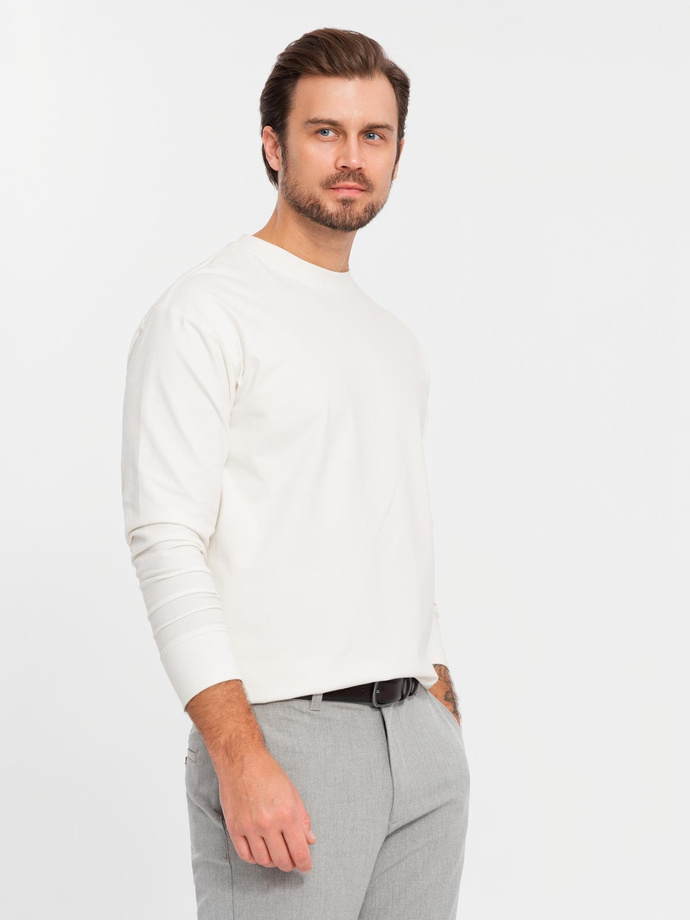 Męski bawełniany longsleeve LOOSE FIT z okrągłym dekoltem – kremowy V2 OM-LSBC-0129 