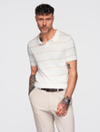Men's horizontal striped viscose polo shirt - white and beige V4 OM-POSS-0145