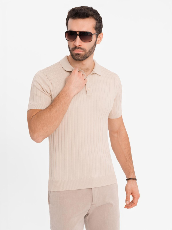 Men's SLIM FIT viscose vertical striped polo shirt - beige V2 OM-POSS-0143