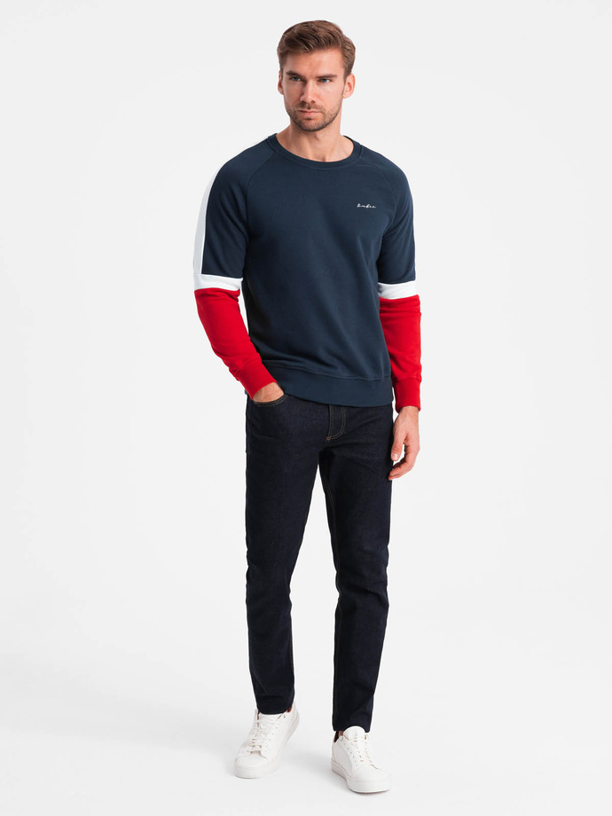 Trójkolorowa męska dresowa bluza z raglanowymi rękawami – granatowa V2 OM-SSNZ-22FW-003