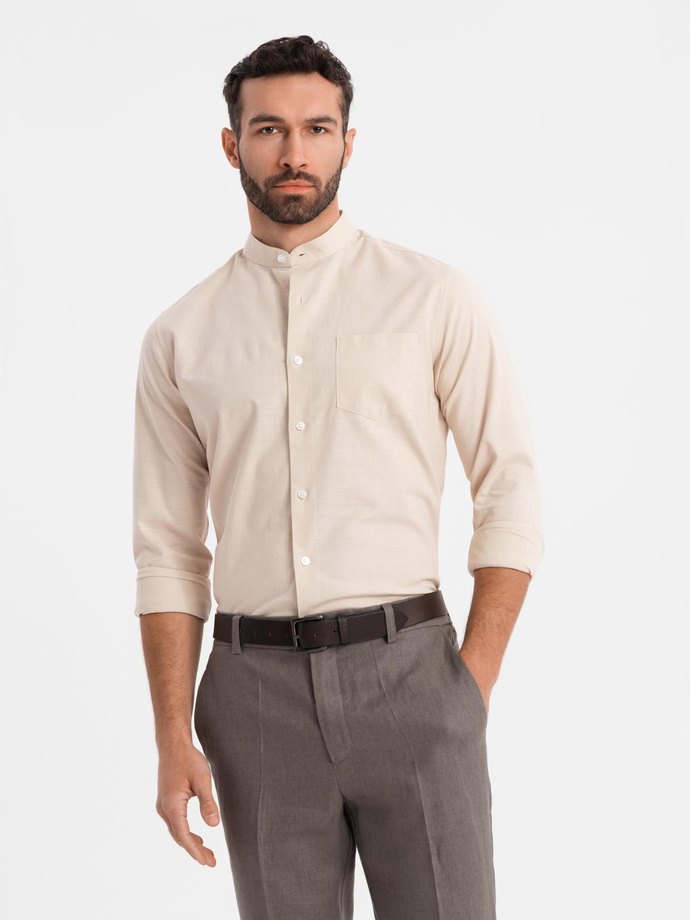 Men's linen shirt with collar and pocket REGULAR FIT - cream V3 OM-SHCS-0161