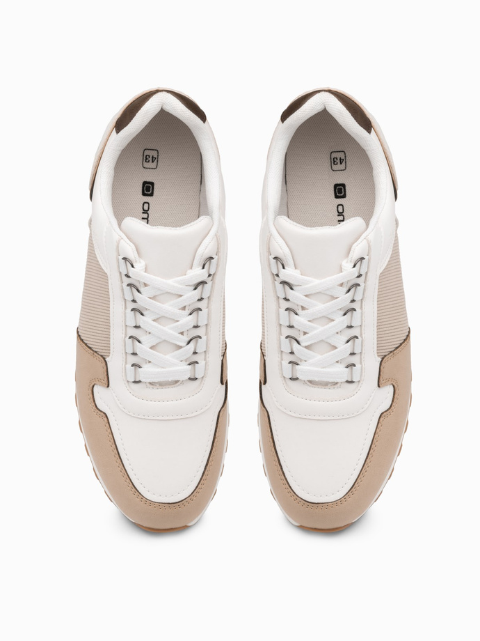 Patchworkowe męskie buty sneakersy z łączonych materiałów – biało-piaskowe V1 OM-FOSL-0144