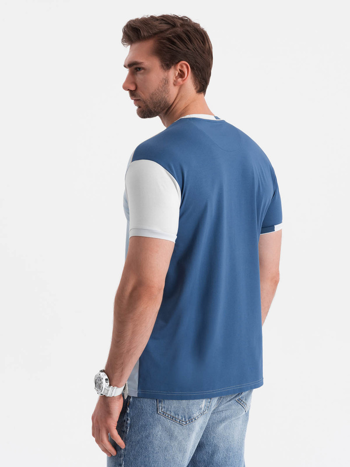 Męski t-shirt z elastanem z kolorowymi rękawami - niebieski V2 OM-TSCT-0176