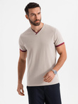 Men's T-shirt with contrasting inserts and v-neck - beige V2 OM-TSCT-0198