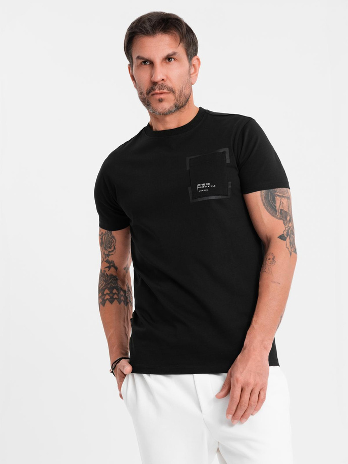 Men's cotton t-shirt with pocket print - black V1 OM-TSPT-0154