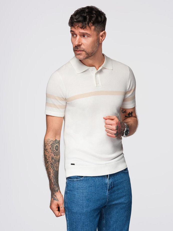 Men's soft knit polo shirt with contrasting stripes - cream V3 OM-POSS-0118