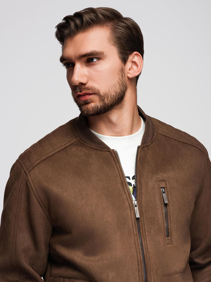 Men's imitation leather jacket with ribbed hem - dark brown V1 OM-JAFL-0109