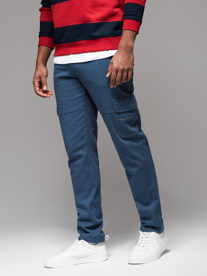 Men's STRAIGHT LEG cargo pants with zippered pockets - dark blue V1 OM-PACG-0204