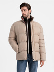 Męska kurtka puffer z podszewką w kratę – beżowa V2 OM-JAHP-0205