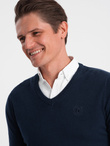 Men's sweater with a "v-neck" neckline with a shirt collar - navy blue V2 OM-SWSW-0102