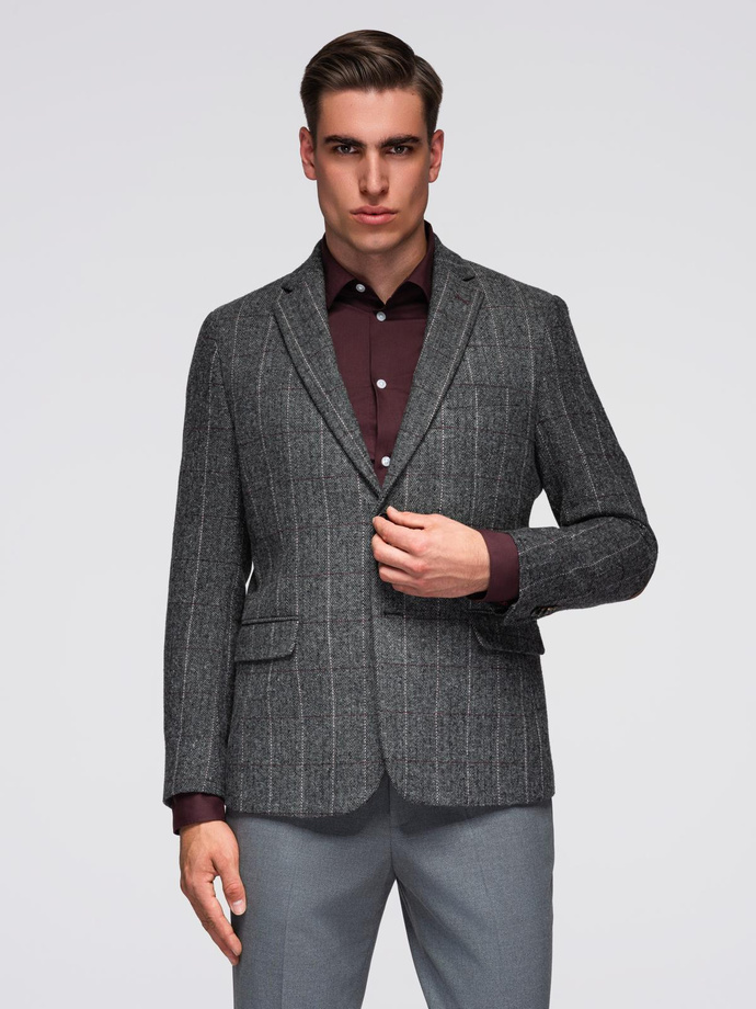 Elegancka męska marynarka w kratkę z domieszką wełny – szara V1 OM-BLZB-0137
