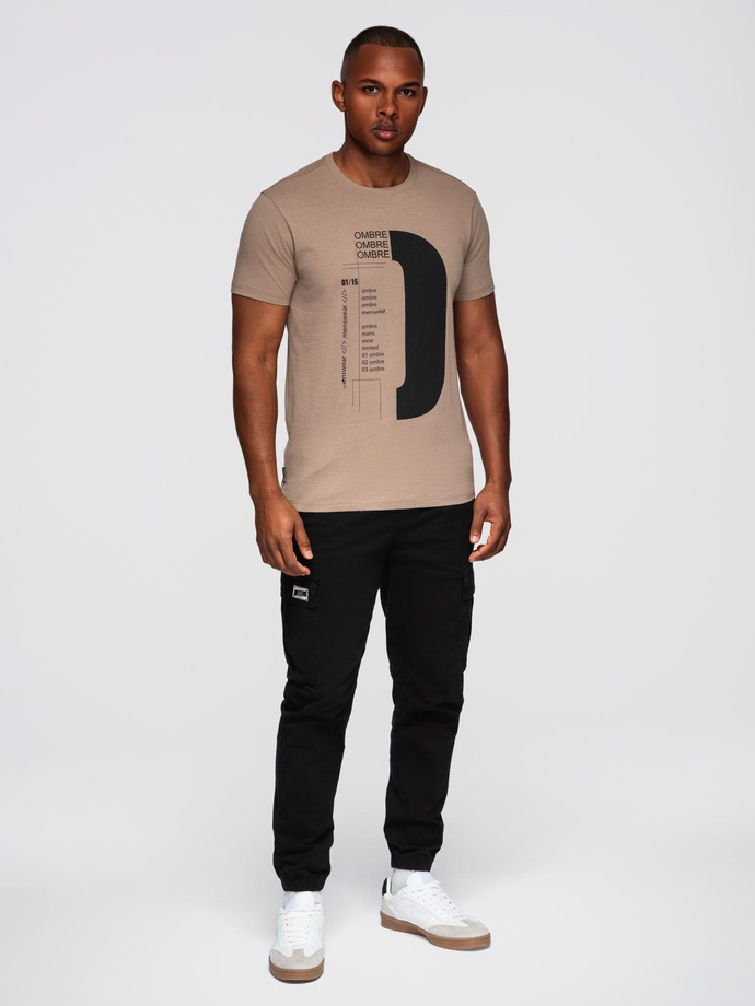 Men's printed cotton t-shirt - light brown V2 OM-TSPT-0166