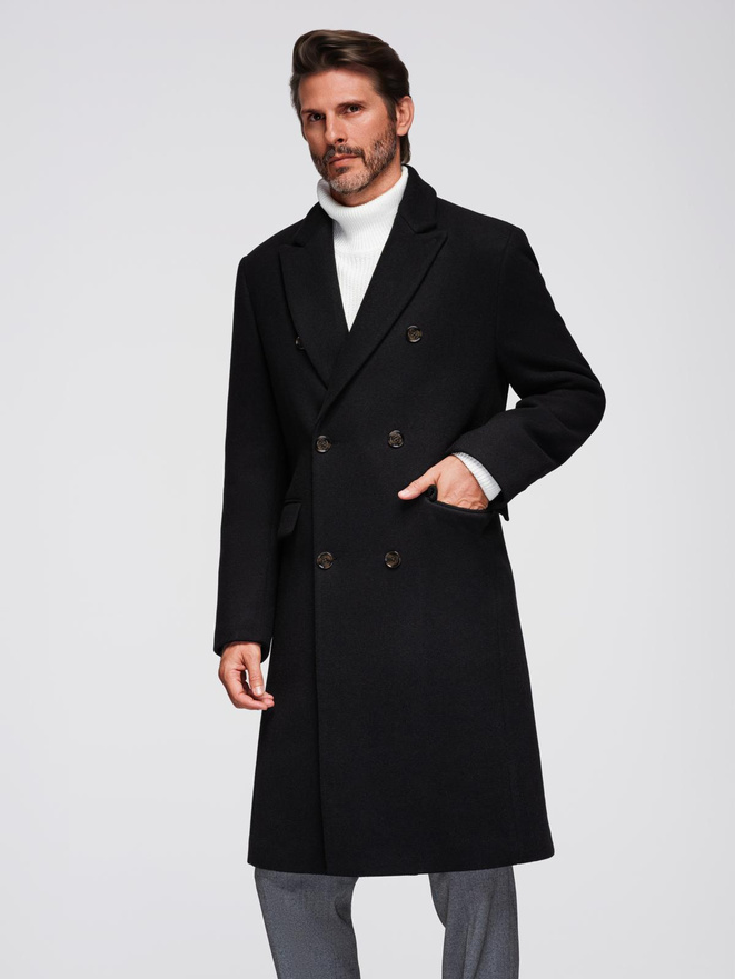 Men's coat with asymmetrical fastening and high collar - light brown V4 OM-COWC-0120