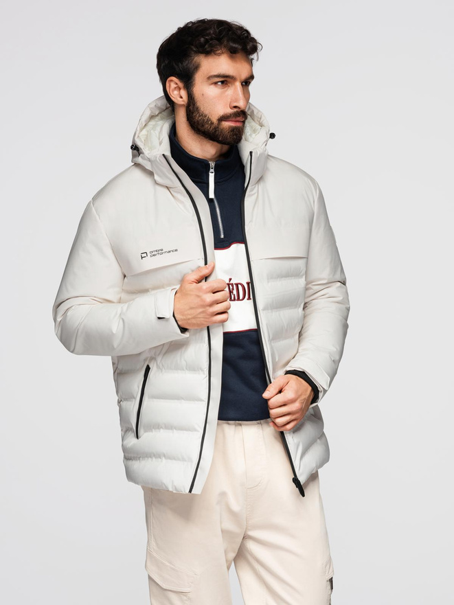 Men's winter jacket with detachable hood - cream V2 OM-JAHP-0150