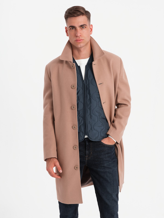 Single-breasted men's long coat with collar and bolster - brown V2 OM-COWC-0106