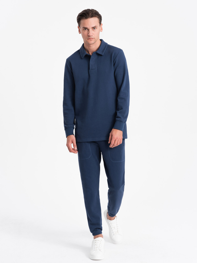 Komplet męski dresowy bluza z kołnierzem polo + spodnie - granatowy V5 Z71