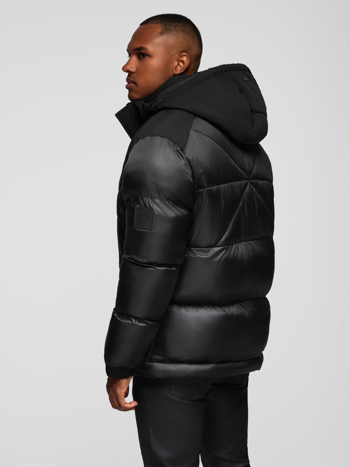 Men's quilted jacket with high zipped hood - black V1 OM-JAHP-0238