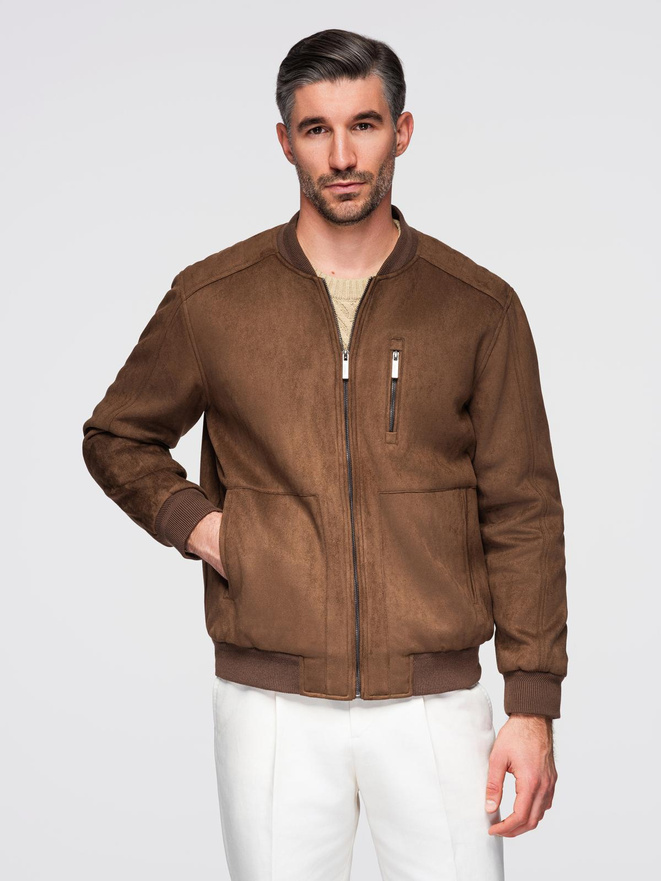 Men's imitation leather jacket with ribbed hem - dark brown V1 OM-JAFL-0109