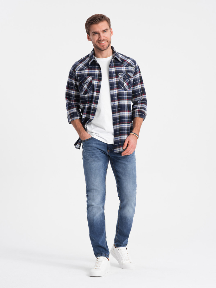 Męska flanelowa koszula w kratę z kieszeniami - granatowo-czerwona V2 OM-SHCS-0149
