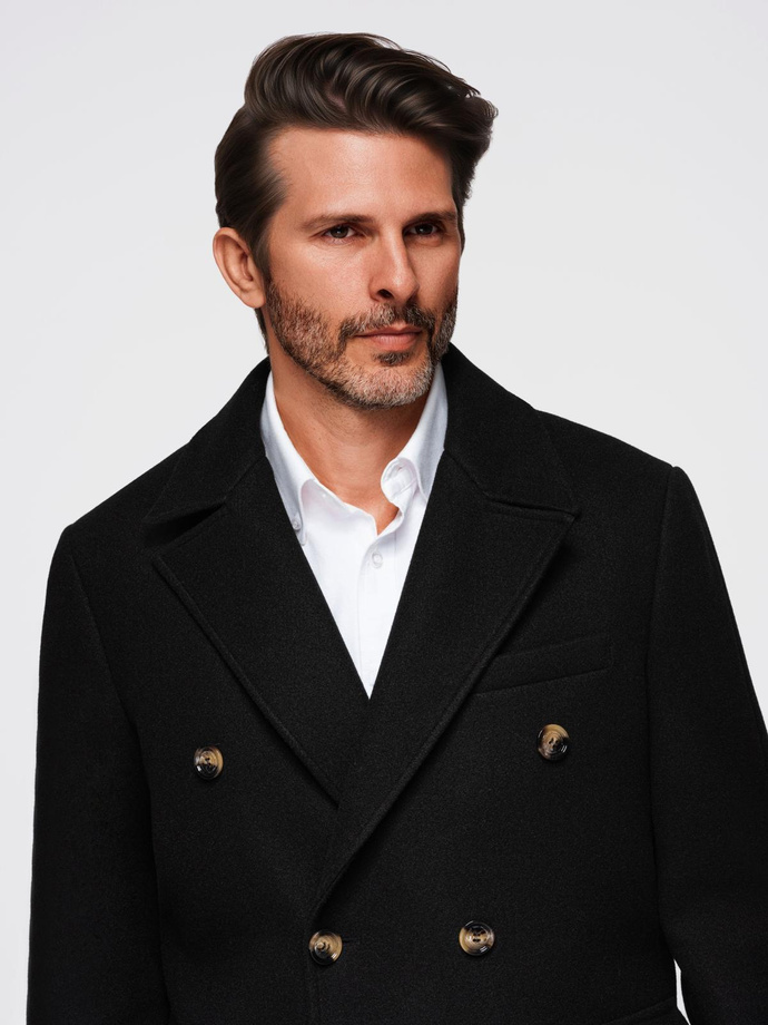 Men's coat with asymmetrical fastening and high collar - light brown V4 OM-COWC-0120