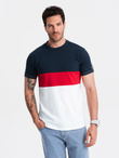 Men's tricolor T-shirt with wide stripes - navy blue and white V1 OM-TSCT-0152