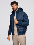 Quilted bomber jacket with hood and knitted sleeves - navy blue V2 OM-JALP-0298