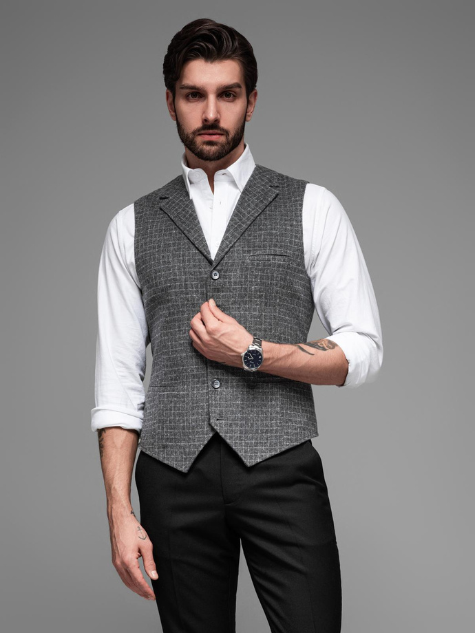 Elegancka kamizelka męska w kratkę z klapami – czarna V3 OM-BLZV-0110