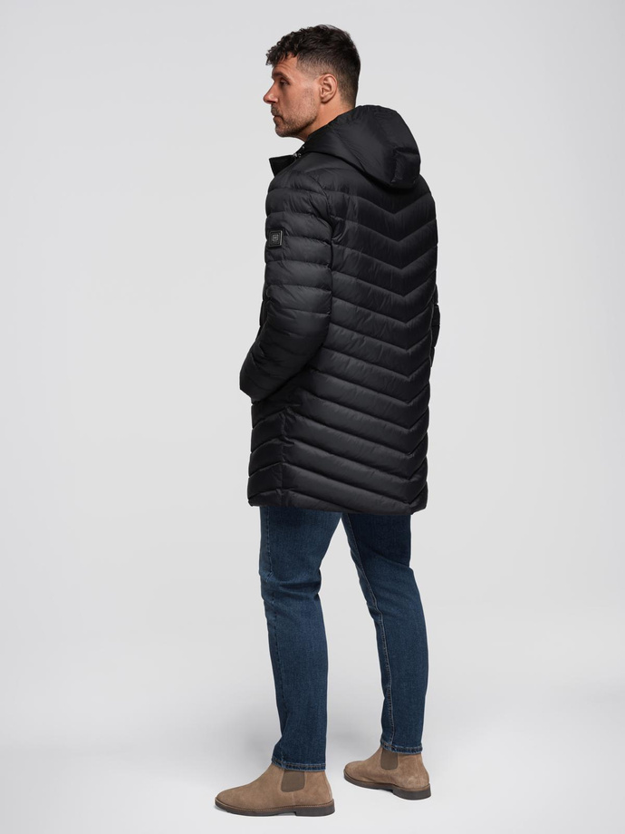 Men's quilted jacket with combined materials and hood - navy blue V3 OM-JALJ-0266
