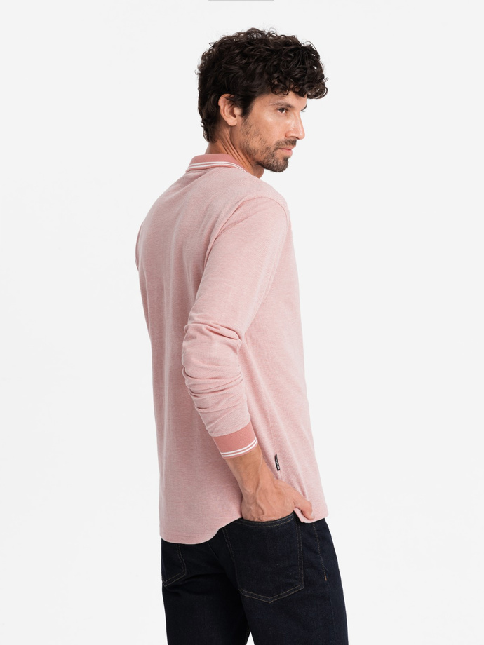 Męski melanżowy longsleeve polo z haftem – różowy melanż V2 OM-POLS-0129