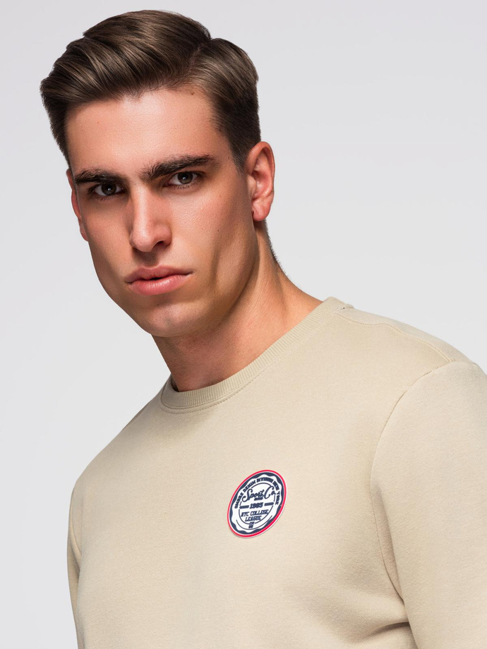 Men's non-stretch sweatshirt with college style patch - sand V3 OM-SSNZ-0134
