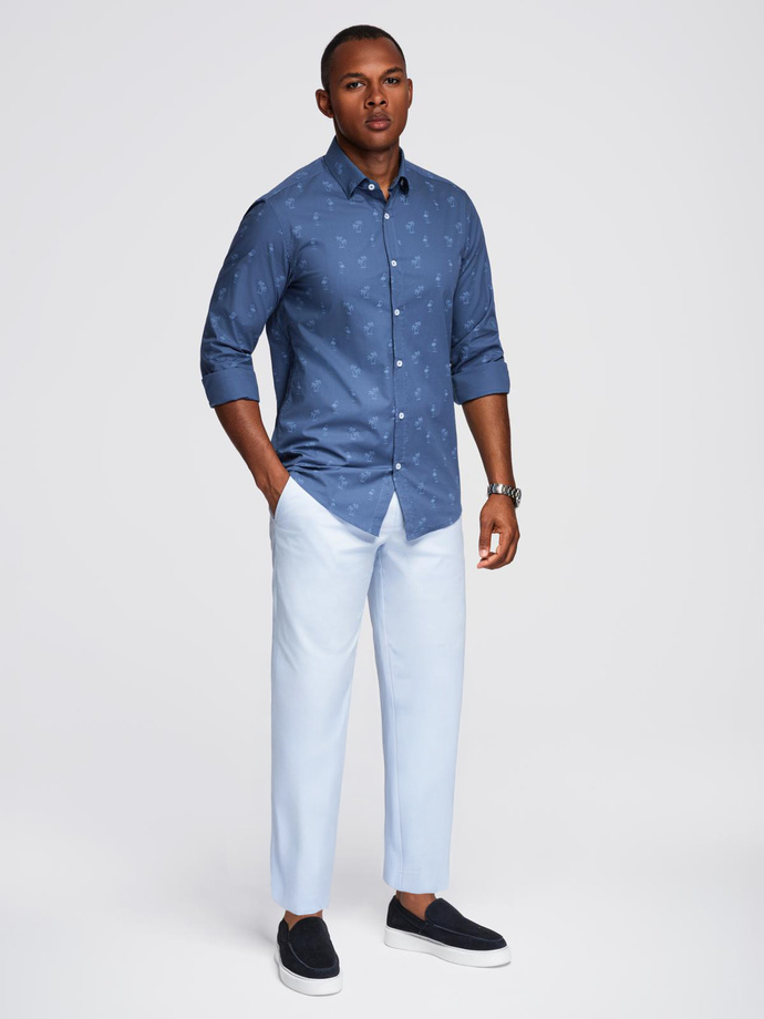 Classic men's cotton SLIM FIT shirt in palm trees - dark blue V5 OM-SHCS-0156