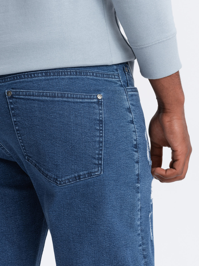 Washable men's TAPER FIT denim pants with rubbing - blue V2 OM-PADP-0163
