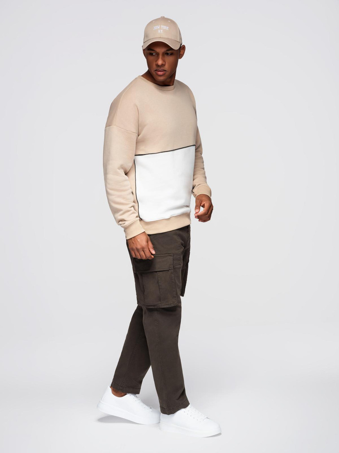 Bluza męska OVERSIZE z kontrastowym łączeniem kolorów - beżowa V2 OM-SSNZ-0130