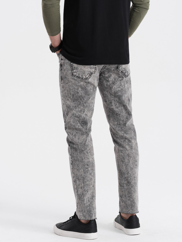 Spodnie męskie jeansowe marmurkowe z surowo wykończoną nogawką SLIM FIT -  szare V1 OM-PADP-0146