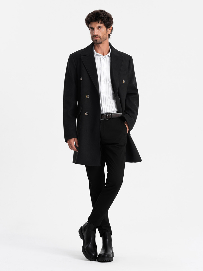 Men's double-breasted coat with decorative buttons - black V2 OM-COWC-0109