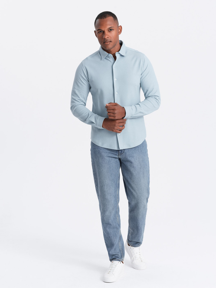 Męska dzianinowa koszula SLIM FIT z długim rękawem – błękitna V3 OM-SHCS-0177