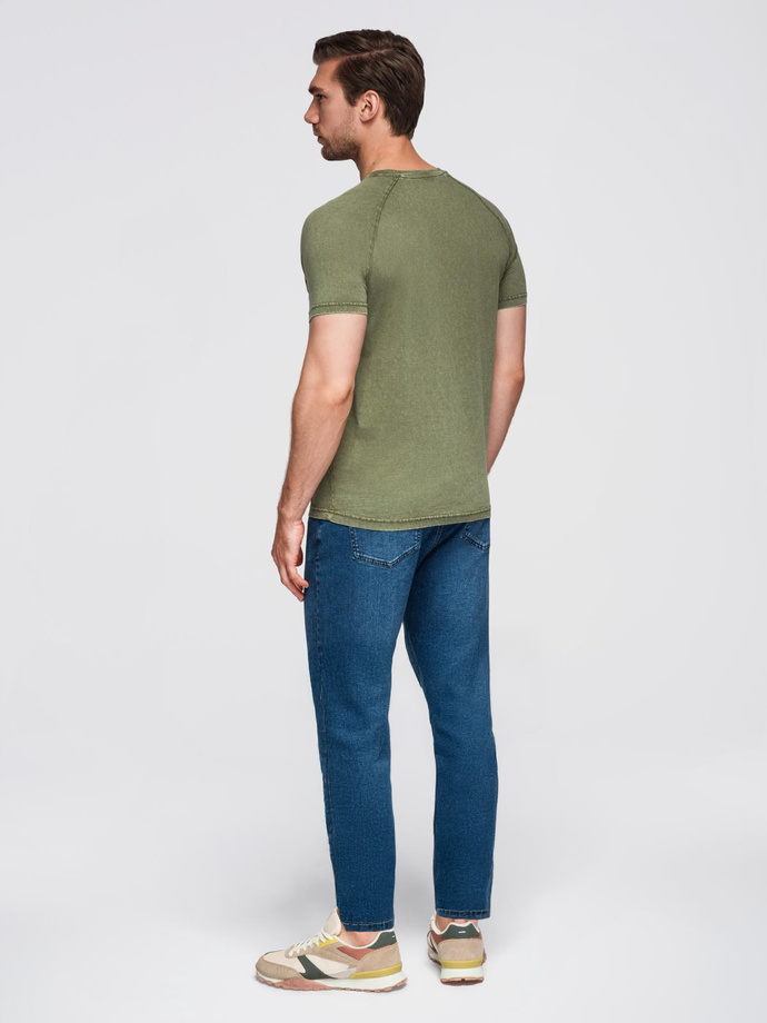 Men's t-shirt with wash effect and buttons at neckline - olive V4 OM-TSWT-0150